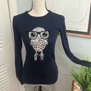 FRENCH CONNECTION Womens Sweater XS Navy Blue Owl Graphic Preppy Fall Winter